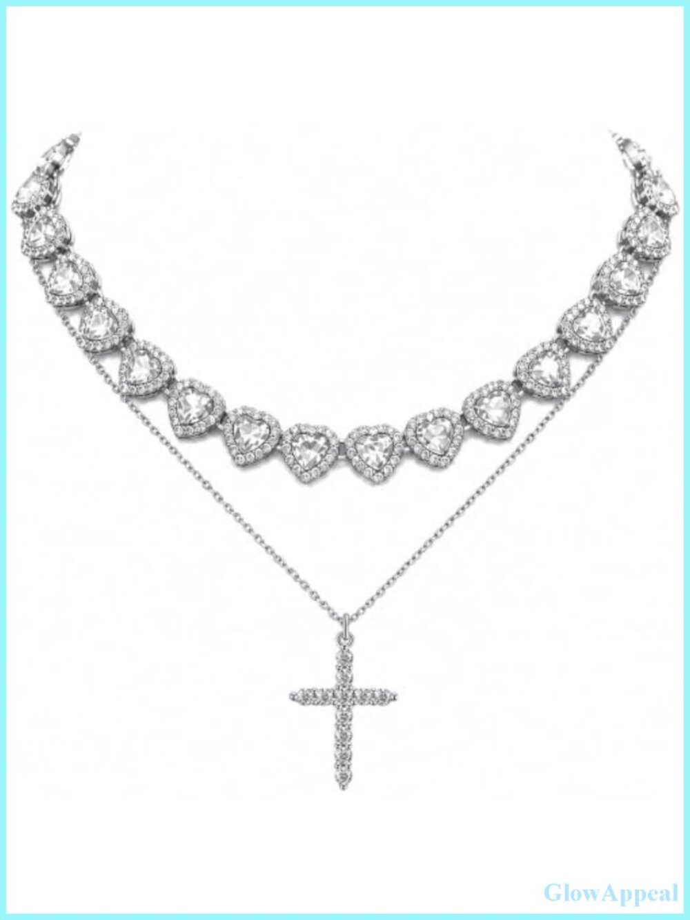 Silver Plated Copper Cross Necklace & Rhinestone Heart Necklace Layered Set